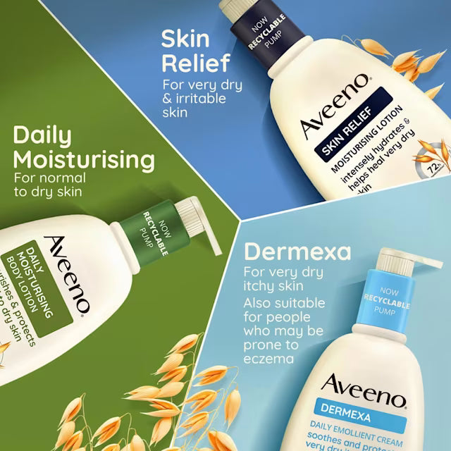 Aveeno skincare products with labels for skin relief, daily moisturising, and Dermexa on a colorful background.
