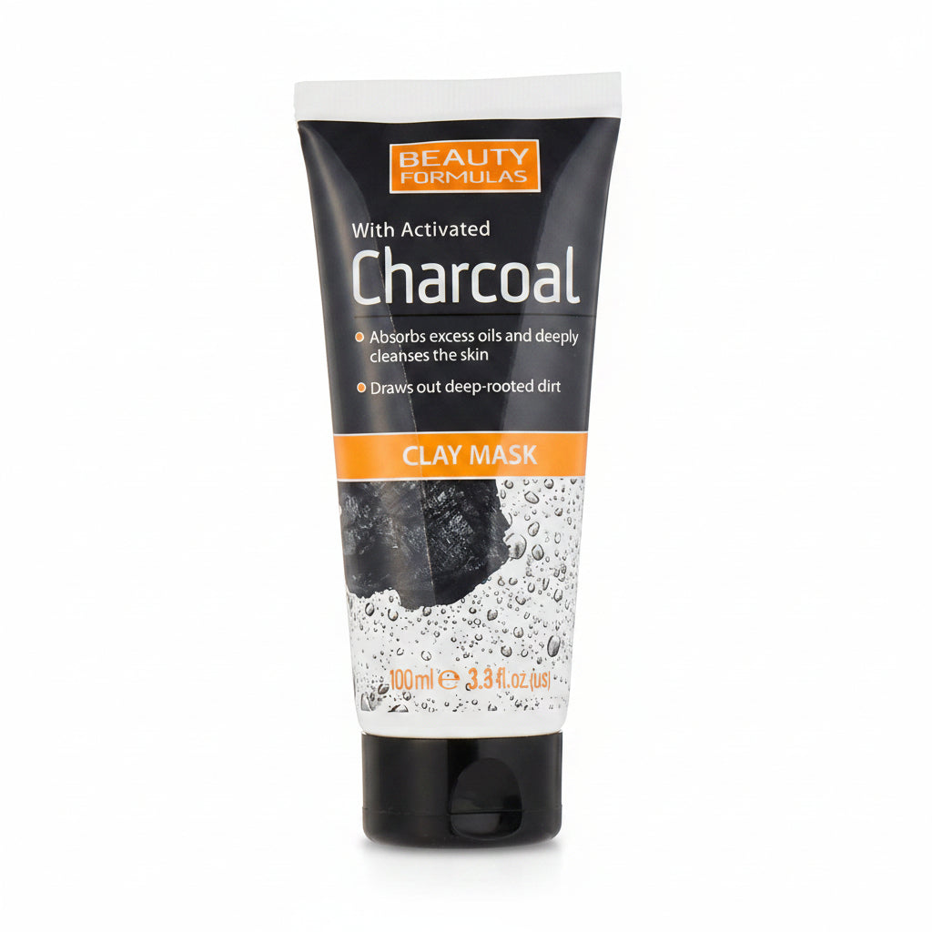 Clay mask tube with charcoal and 'Beauty Formulas' branding on a white background