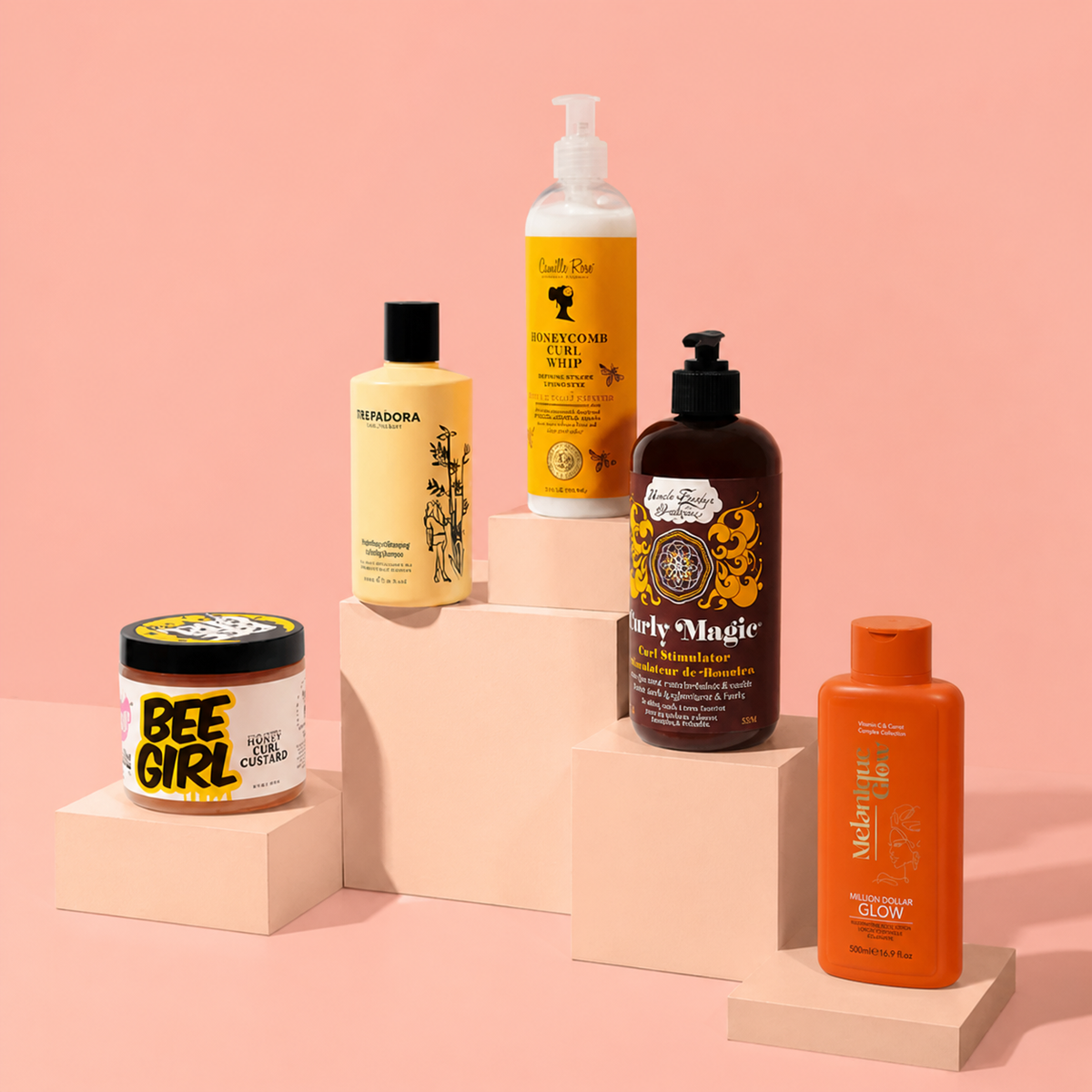 Black owned brands like, Melanique Glow, Camille Rose, Curly magic & The Doux
