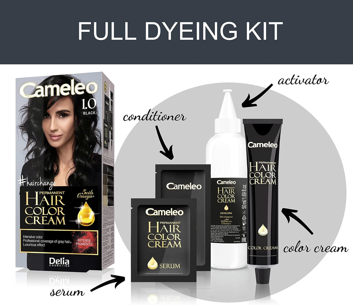 
Cameleo - Permanent Hair Colour Cream - Black - Intensive Color & Protection - 5 Oils + Omega Plus Acids - Professional, Luxurious Hair Dye - Full Kit