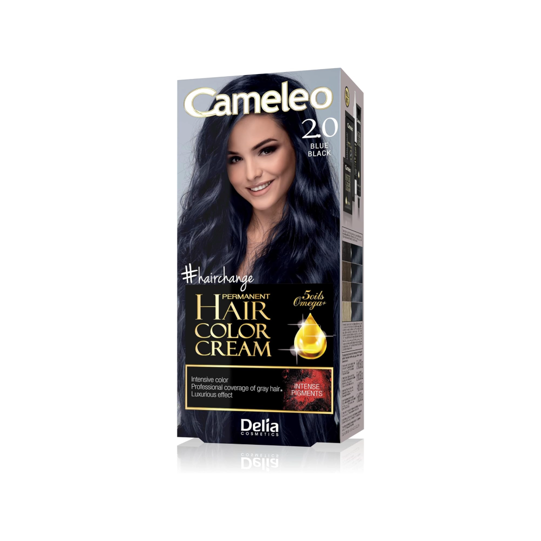 A box of Delta Hair Camelio Permanent Hair Color Cream in shade 2.0 Total Black, featuring a model with long black hair on the front.