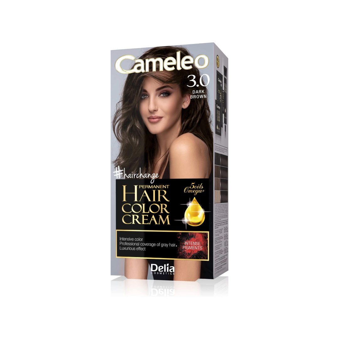 Delta Camileo Permanent Hair Color Cream in shade 3.0 Dark Brown, shown in its retail packaging box against a white background.