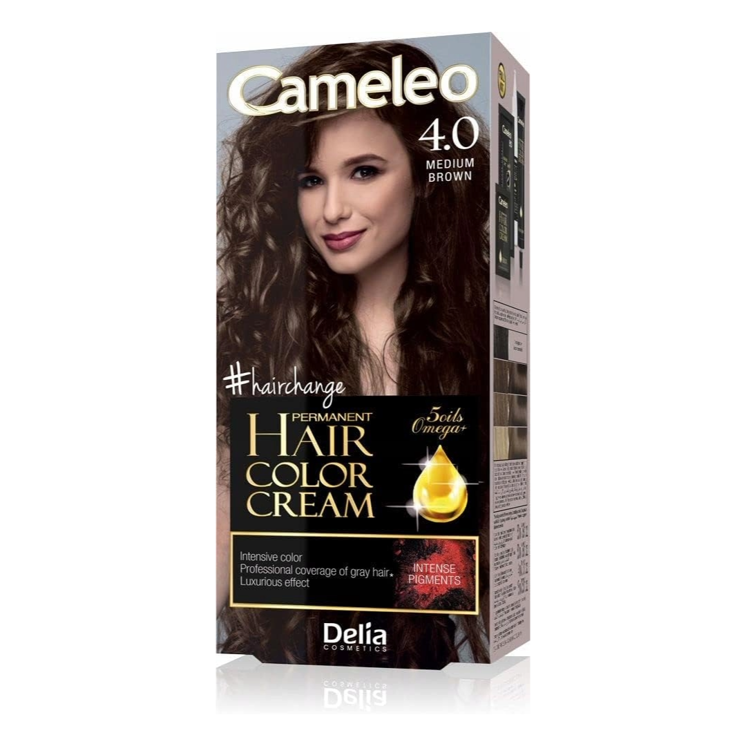Cameleo 4.0 Medium Brown permanent hair color cream box by Delia Italiana, featuring a model with long wavy brown hair on the packaging.