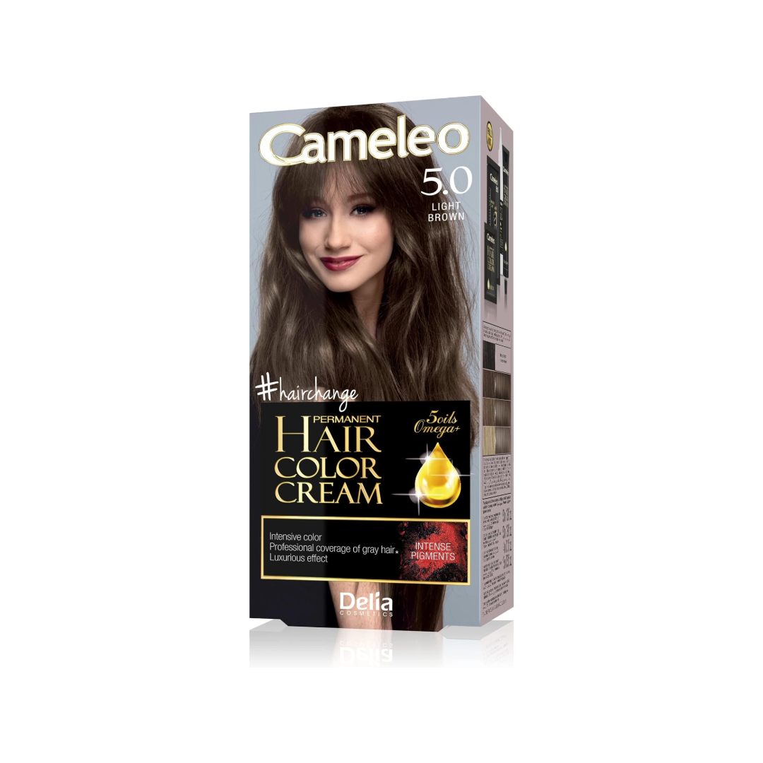 A box of Camileo Permanent Hair Color Cream in shade 5.0 Lait Brown, featuring a model with long brown hair on the packaging, set against a plain white background with a soft reflection.