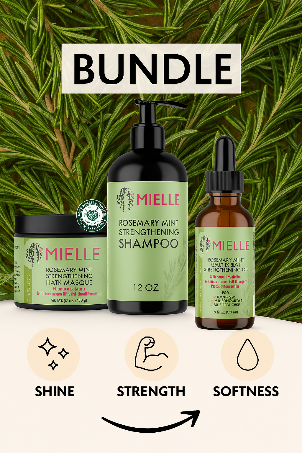 Mielie hair care product bundle with shampoo, mask, and oil on a green leafy background.