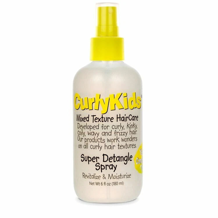 Curly Kids Super Detangle Spray in a frosted white bottle with a bright yellow spray nozzle and yellow branding text, shown on a plain white background.