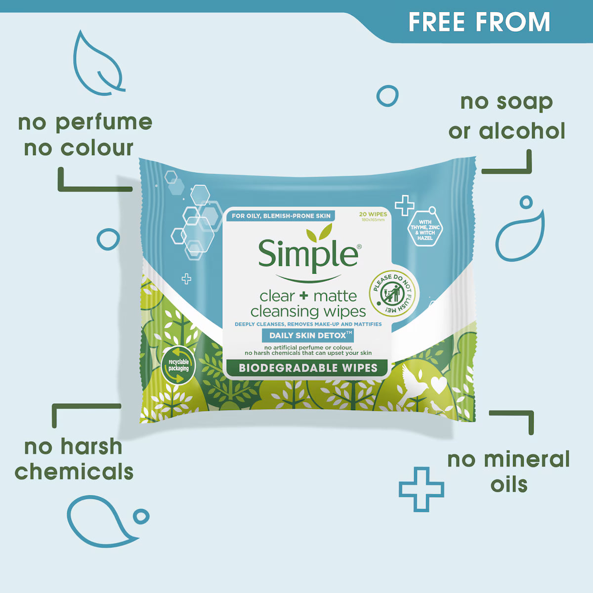Simple Daily Skin Detox Biodegradable Matte & Clear Wipes Shine Control for Oily Skin 25 wipes