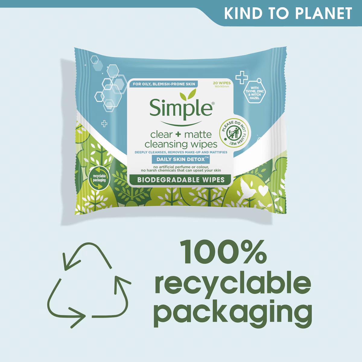 Simple Daily Skin Detox Biodegradable Matte & Clear Wipes Shine Control for Oily Skin 25 wipes