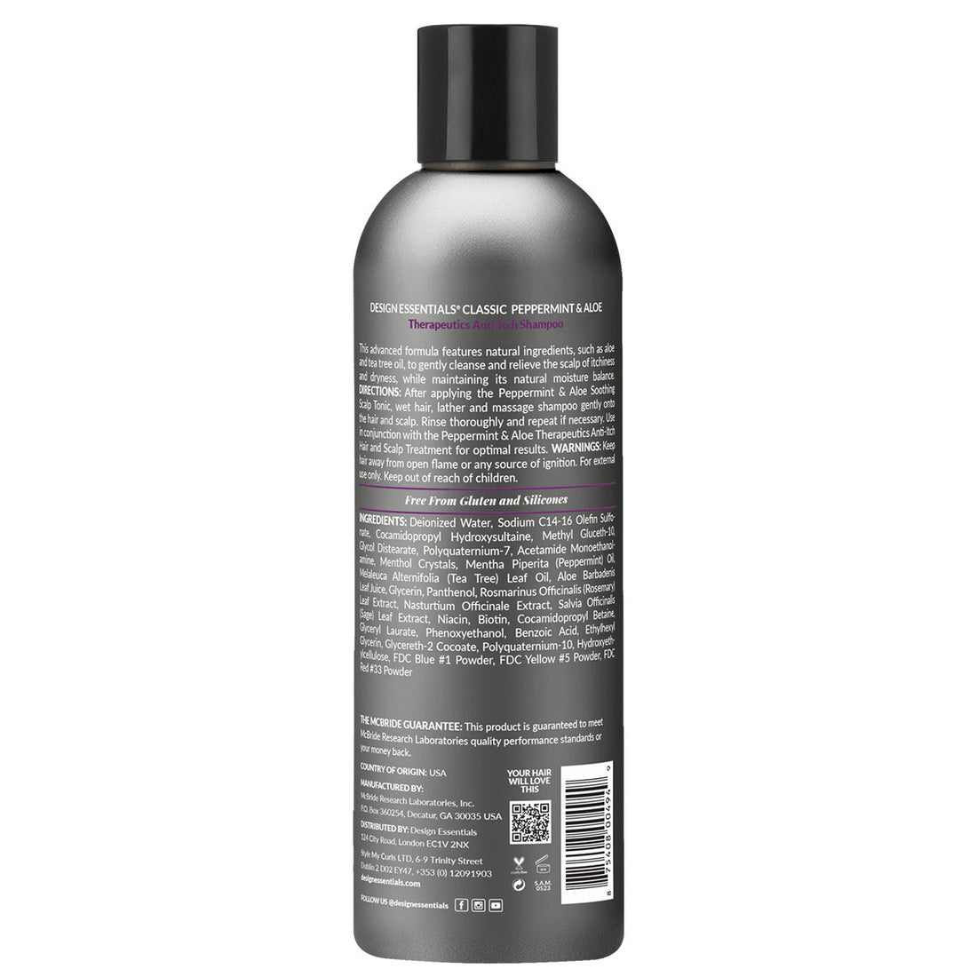 Design Essentials Peppermint & Aloe Therapeutics Anti-Itch Shampoo 8oz back label