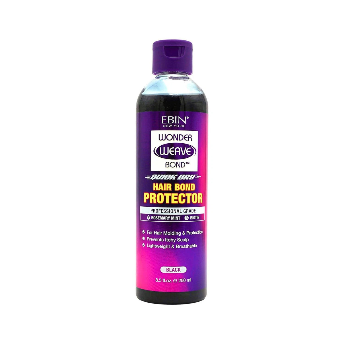 A bottle of Ebin Wonder Weave Bond Quick Dry Hair Bond Protector in Black, featuring a purple cap and a purple and magenta label. 250 ml