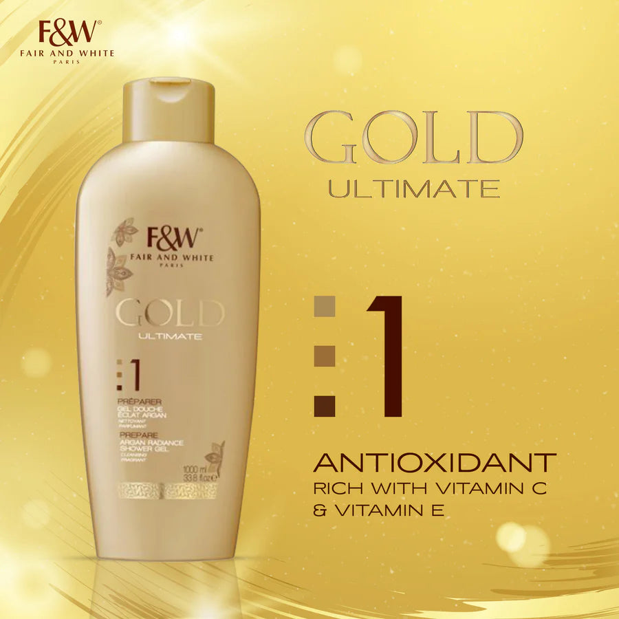 F&W Gold Ultimate skincare bottle on a gold 