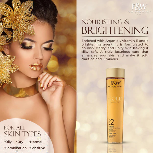 F&W Gold skincare product with a model wearing gold flowers 