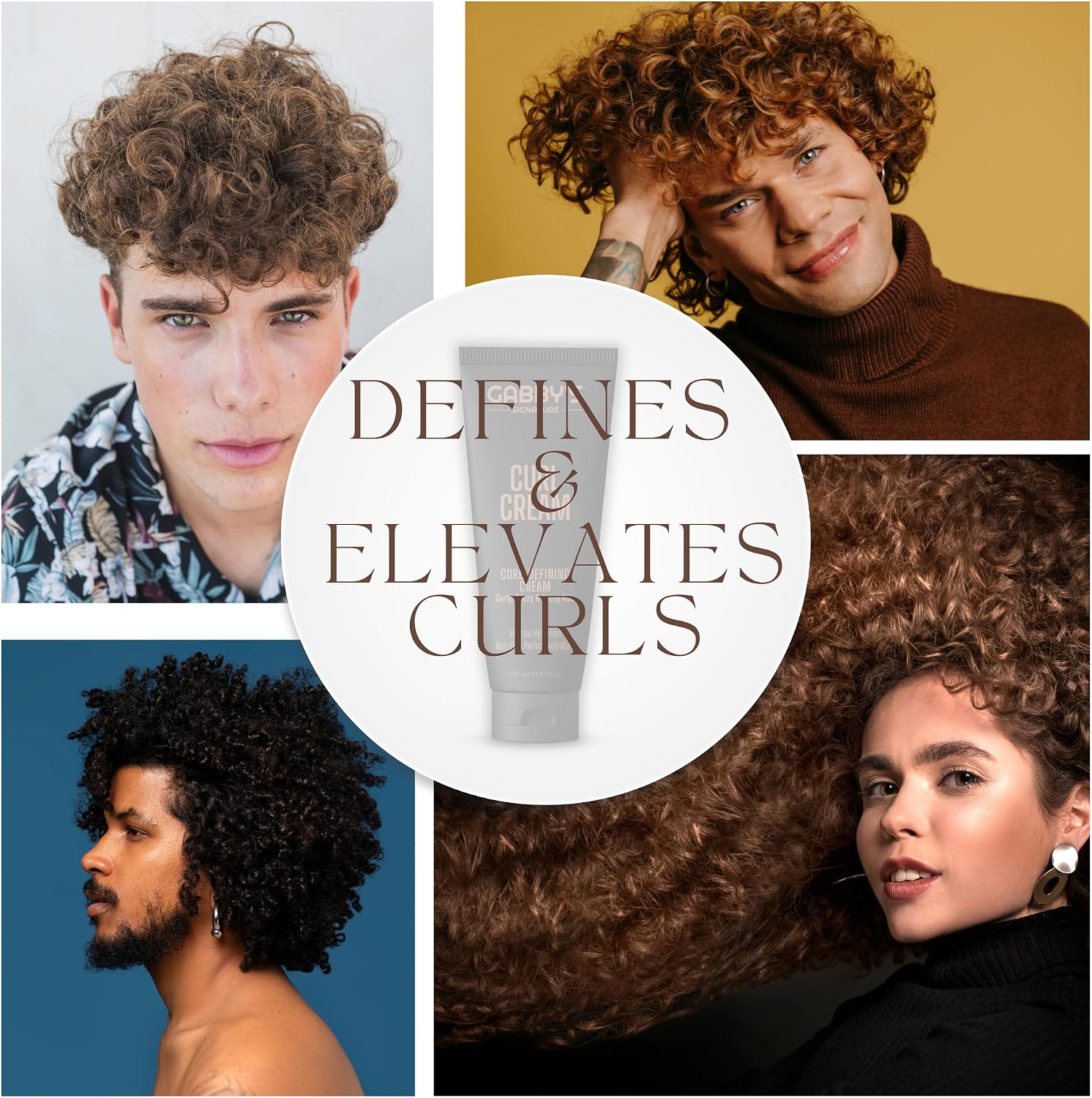 A promotional collage for a hair product showing four models with different curl styles around a central white circle that reads “DEFINES & ELEVATES CURLS” with a tube illustration. Because people are present, the subject_type is Lifestyle rather than Product/Packaging, even though the product tube is shown.
