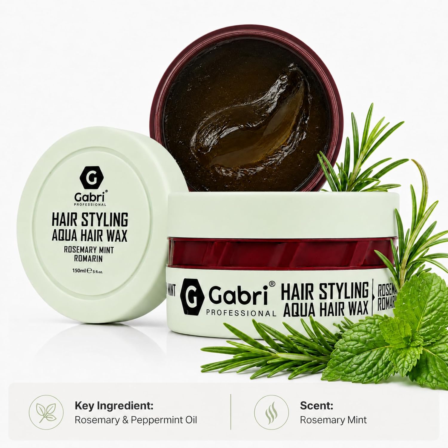 Gabri Hair Styling Aqua Hair Wax jar with open lid on a white background