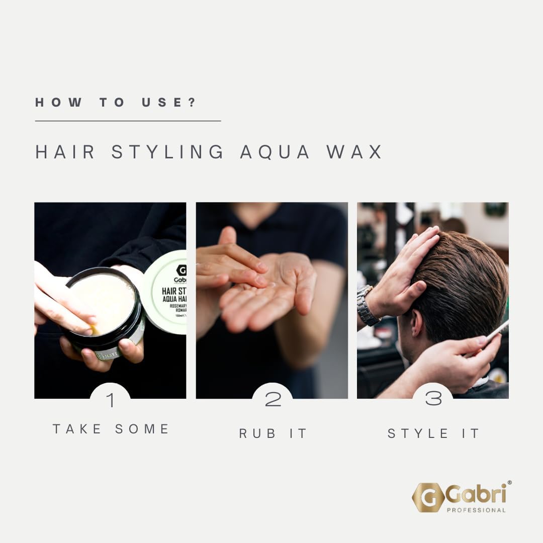 Instructional graphic for Hair Styling Aqua Wax showing three steps: take some product from the jar, rub it on hands, and style the hair. Features three panels with hands demonstrating the product and the Gabri Professional logo at the bottom right.