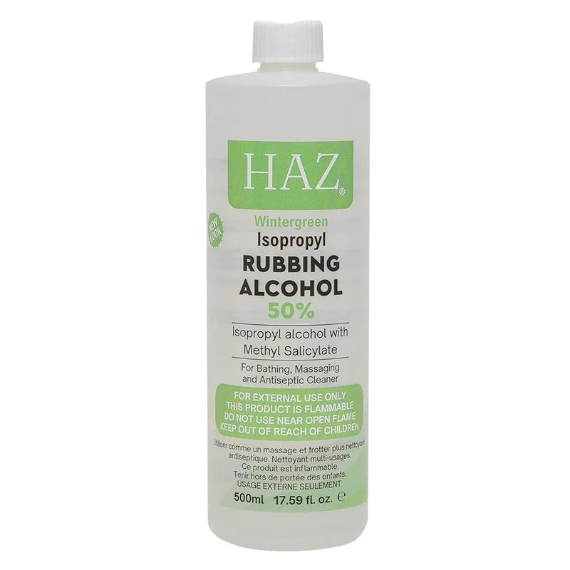 A 500 mL bottle of HAZ Wintergreen Isopropyl Rubbing Alcohol 50% on a plain white background.