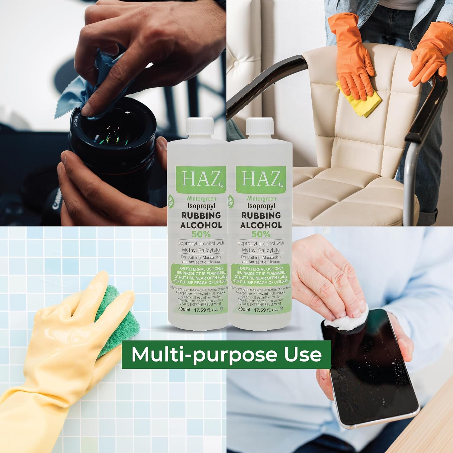 Two bottles of HAZ 70% Isopropyl Rubbing Alcohol shown in a multi-panel lifestyle collage with hands cleaning a chair, a phone, and a cup, plus a green banner reading 'Multi-purpose Use'.