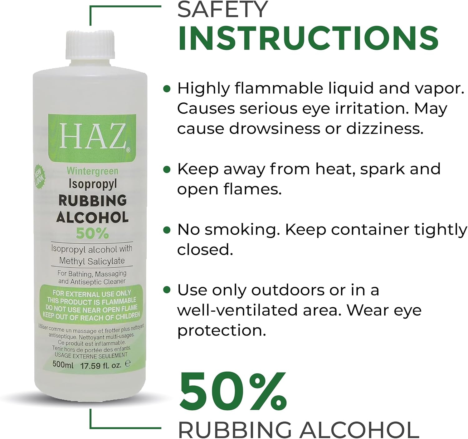A bottle of HAZ Wintergreen Isopropyl Rubbing Alcohol 50% on a white background with green and black text detailing safety instructions.
