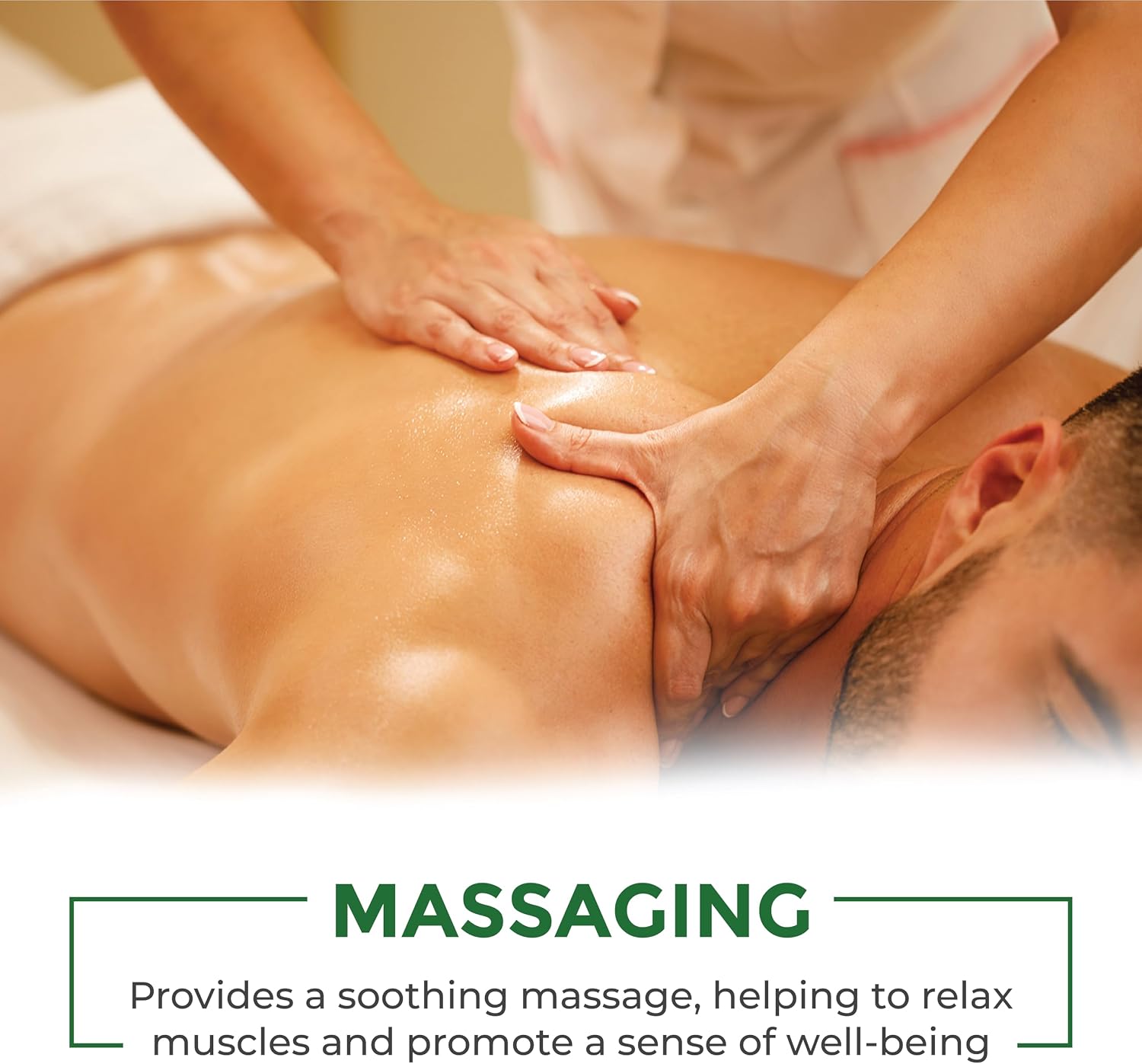 A close-up of a person receiving a soothing back massage, with a text overlay at the bottom reading 'MASSAGING Provides a soothing massage, helping to relax muscles and promote a sense of well-being'.
