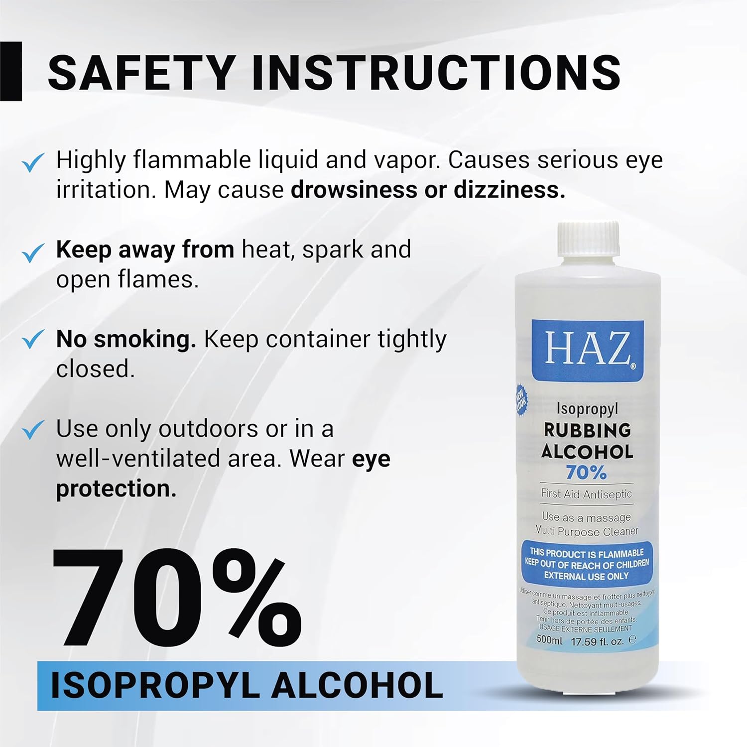 Safety instructions graphic for HAZ Isopropyl Rubbing Alcohol 70% on a white background, featuring a bottle of the rubbing alcohol and text about flammability, eye irritation, storage, and use.