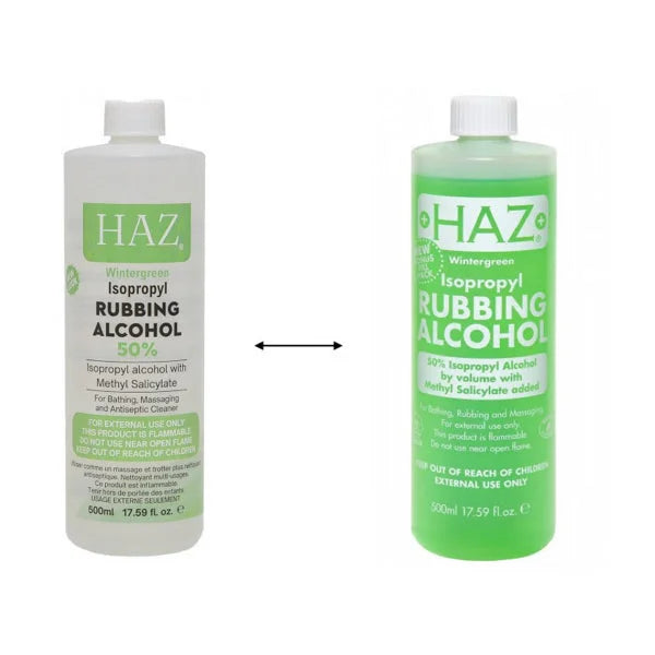 Two bottles of HAZ Isopropyl Rubbing Alcohol 50% shown side by side on a white background, with a double arrow between them indicating equivalence or conversion.