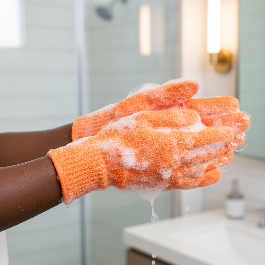 Melanique Glow - Exfoliating Shower Gloves on model with soapy lather ready to use. 