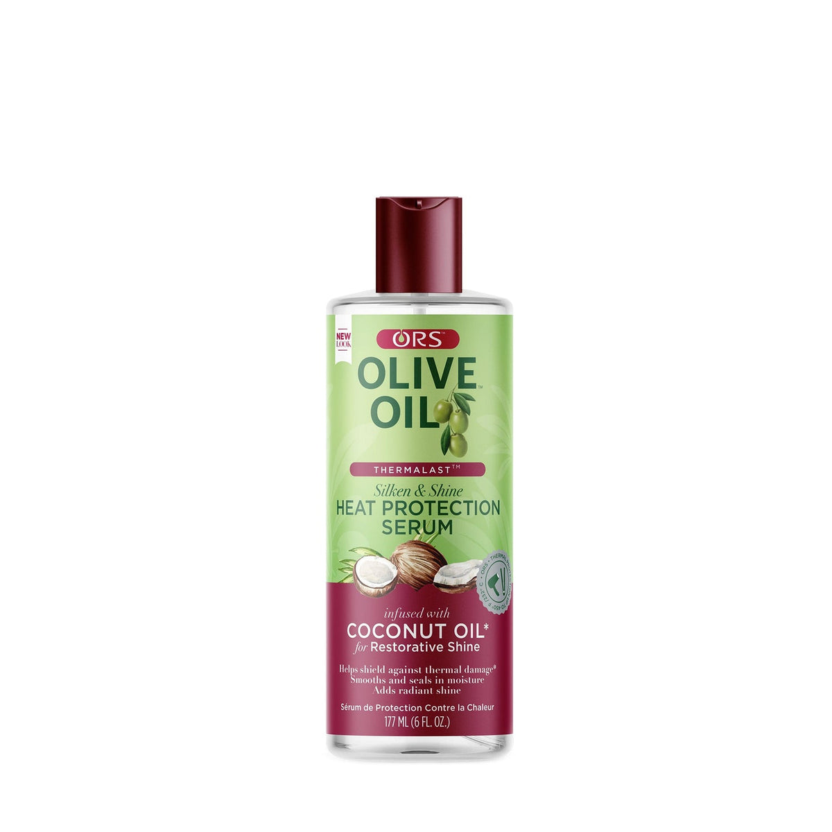 A bottle of ORS Olive Oil Heat Protection Serum with a green and maroon label, featuring illustrations of coconuts and olive branches, on a solid white background.