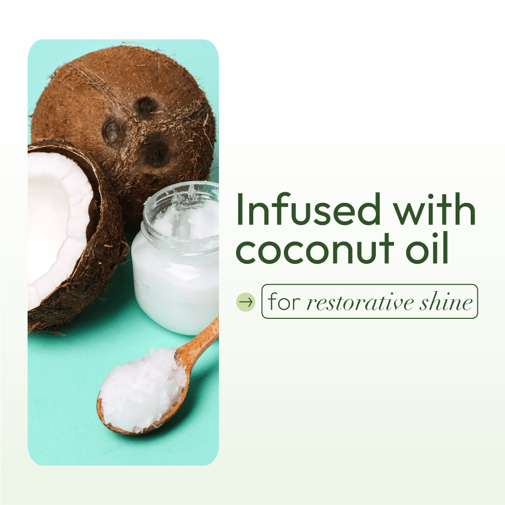 Coconut oil jar with spoonful, half-coconut, and text 'Infused with coconut oil for restorative shine' on a teal background