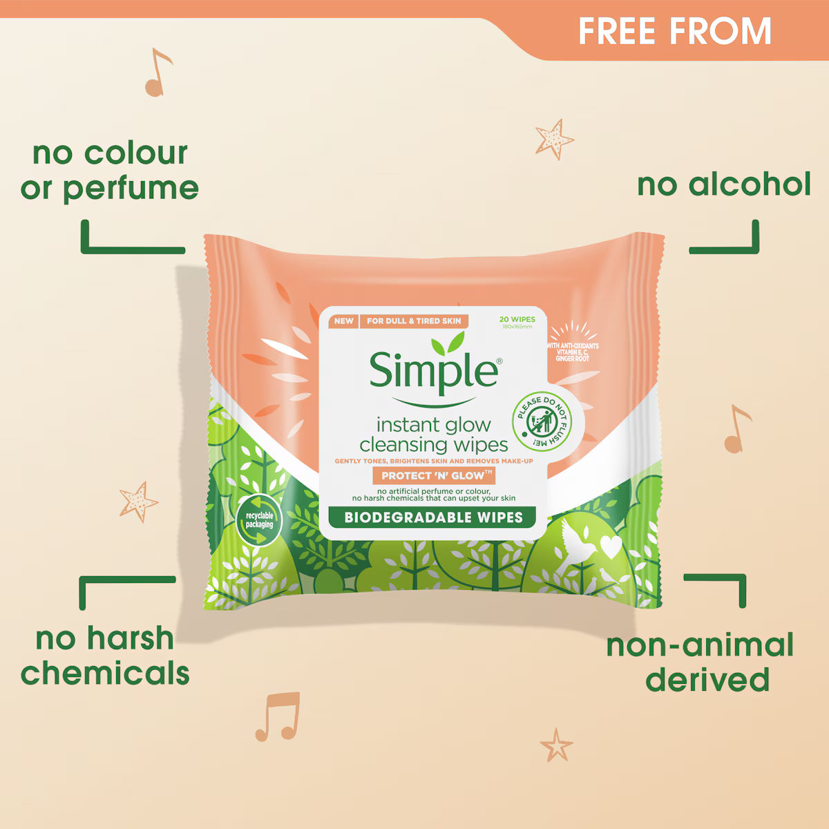 Simple Protect N Glow Instant Glow Cleansing Wipes Brightening Cleanse 25 wipes