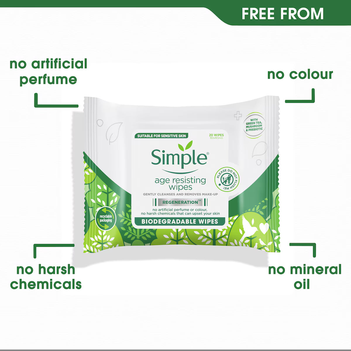 Simple Regeneration Age Resisting Biodegradable Cleansing Wipes Make-Up Removal 20 wipes