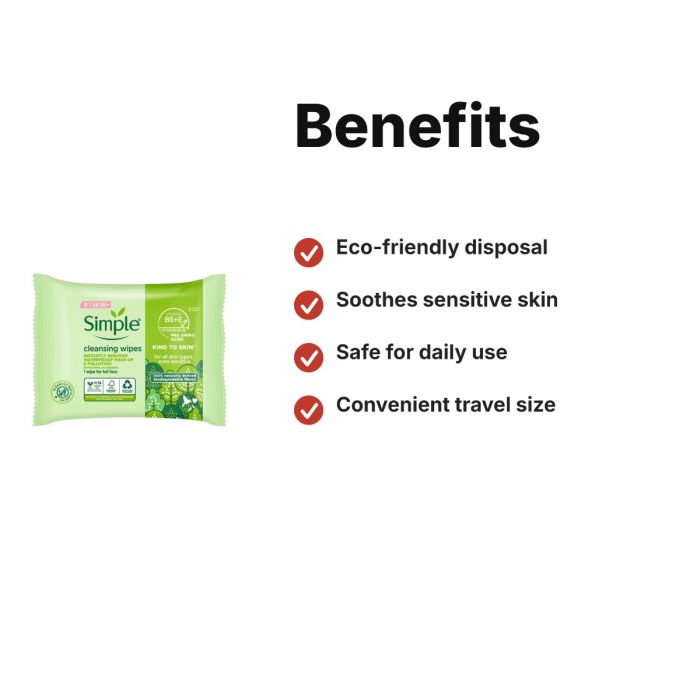 Simple Biodegradable Cleansing Face Wipes Gentle Make-Up Removal 25 wipes