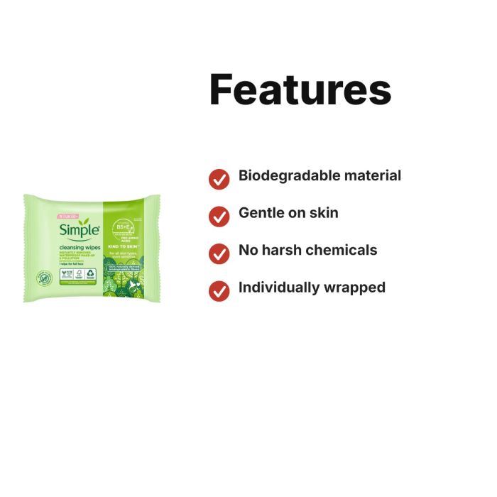 Simple Biodegradable Cleansing Face Wipes Gentle Make-Up Removal 25 wipes