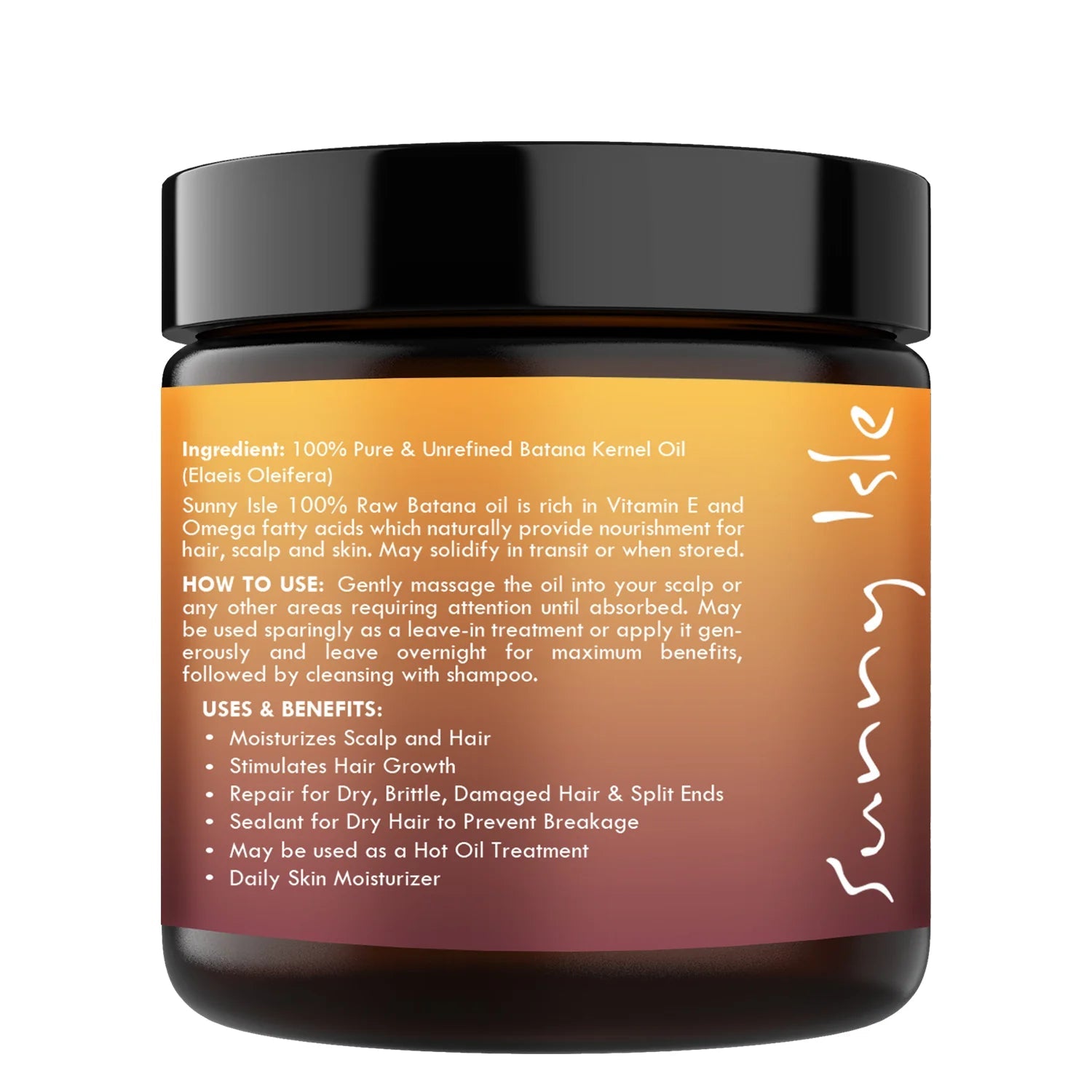 Sunny Isle 100% Raw & Pure Batana Oil 118 ml/4.0 oz, directions and ingredients label view