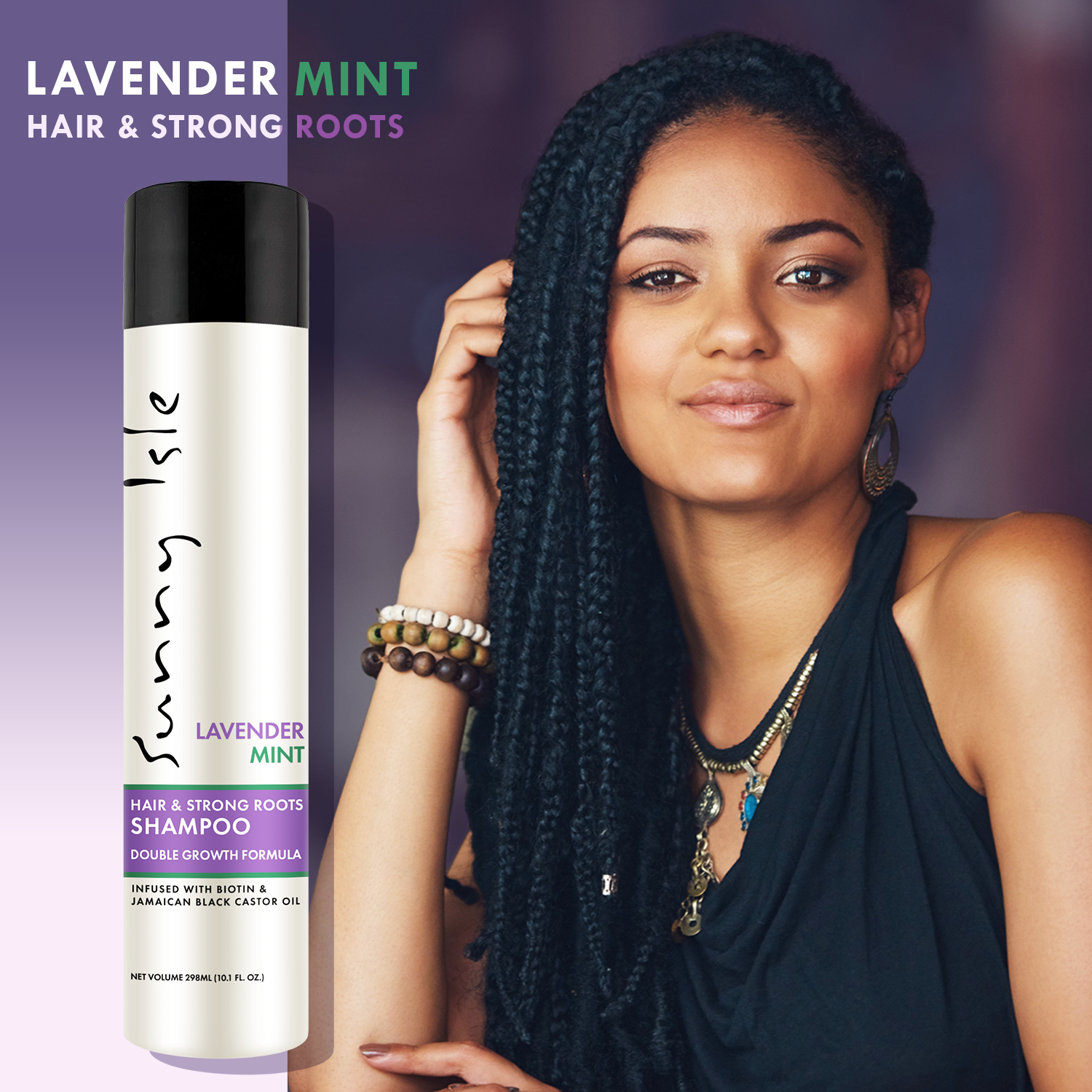 Sunny Isle Lavender Mint Hair & Strong Roots Shampoo 298 ml/10.1 oz, protective-style lifestyle graphic