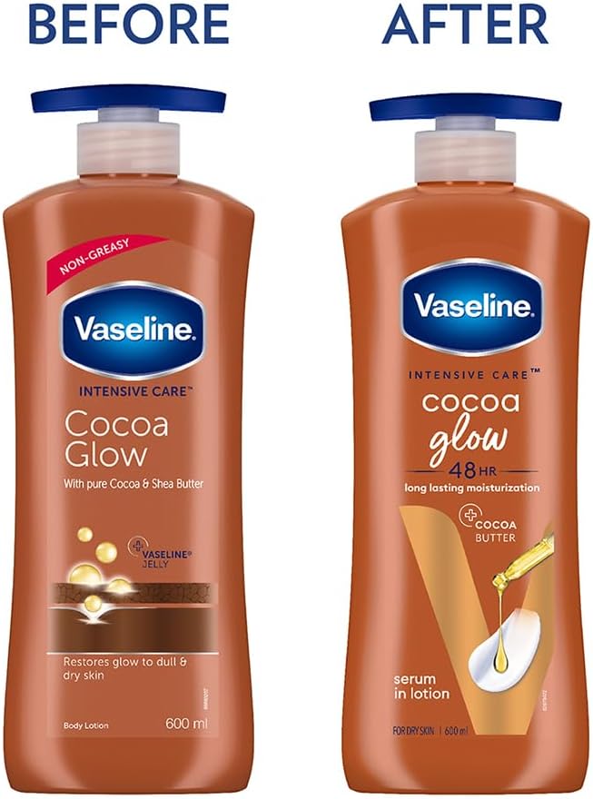 Vaseline Intensive Care Cocoa Glow Serum-in-Lotion, 600ml, with Pure Cocoa & Shea Butter Before and after 