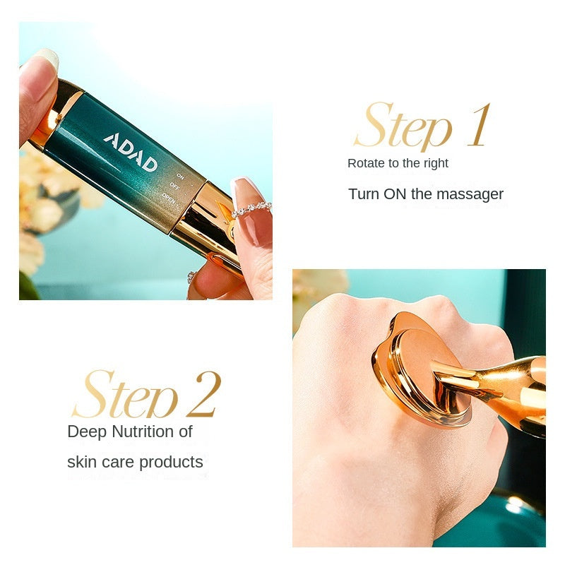 Two-step graphic showing the massager being turned on and used on the skin