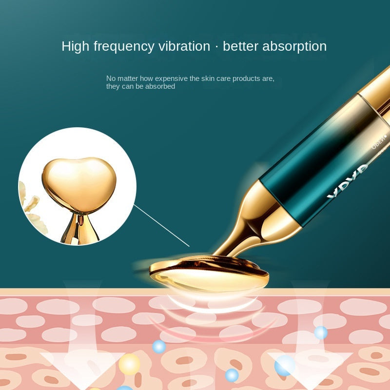 Graphic of the heart-shaped head on skin with a cross-section illustration and vibration text