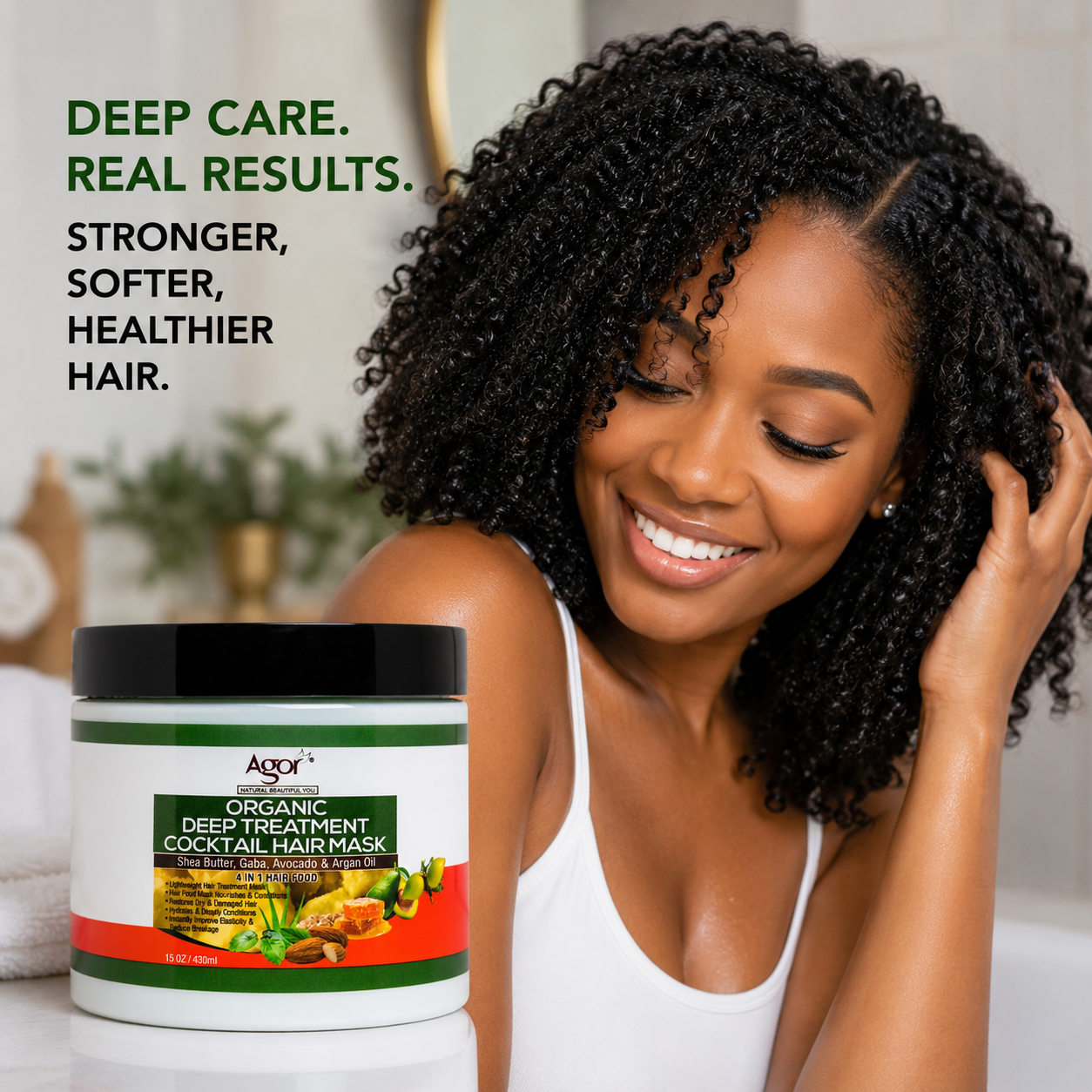 Agor Deep Treatment Cocktail Hair Mask jar beside model with curly hair