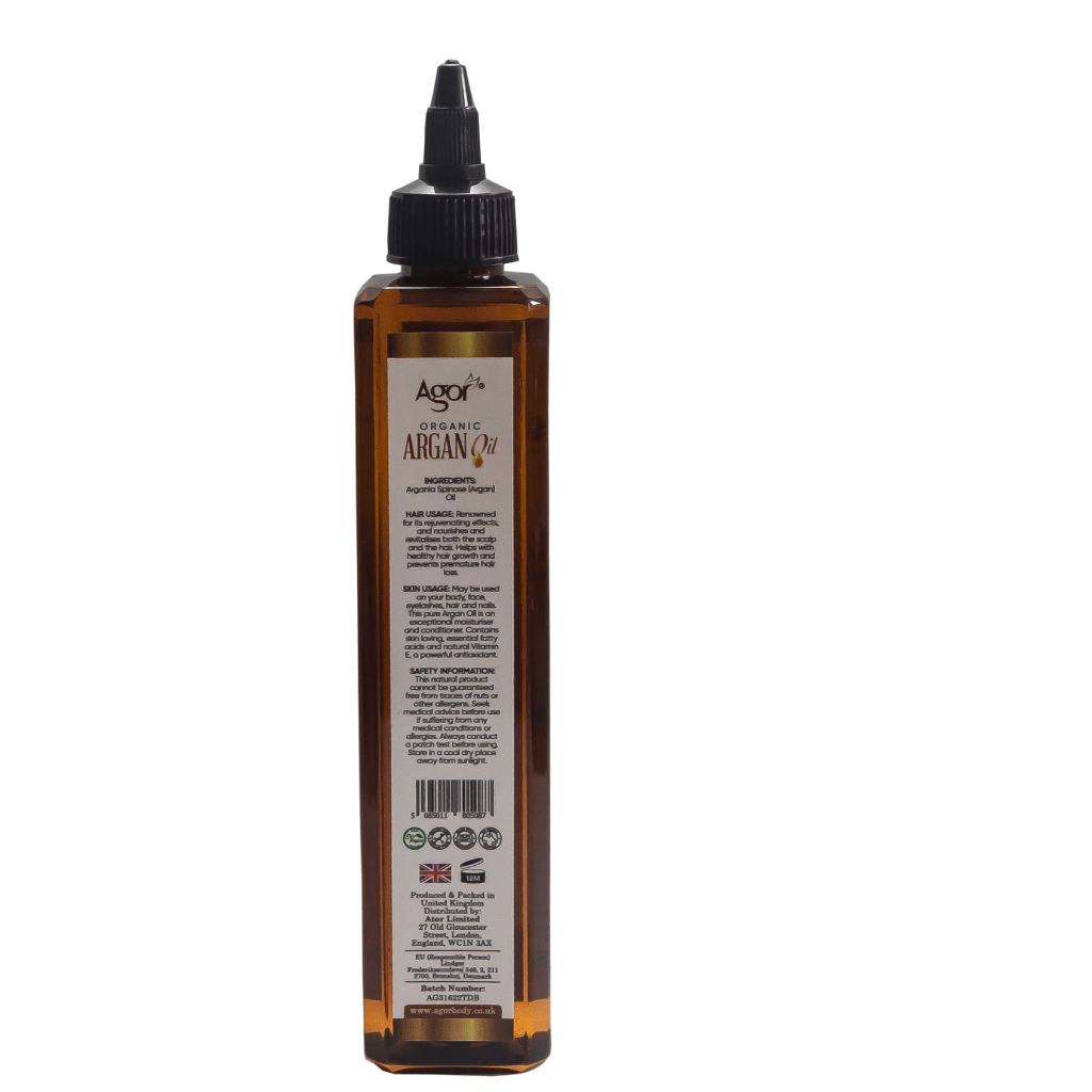 Agor Organic Argan Oil 250ml bottle, back label