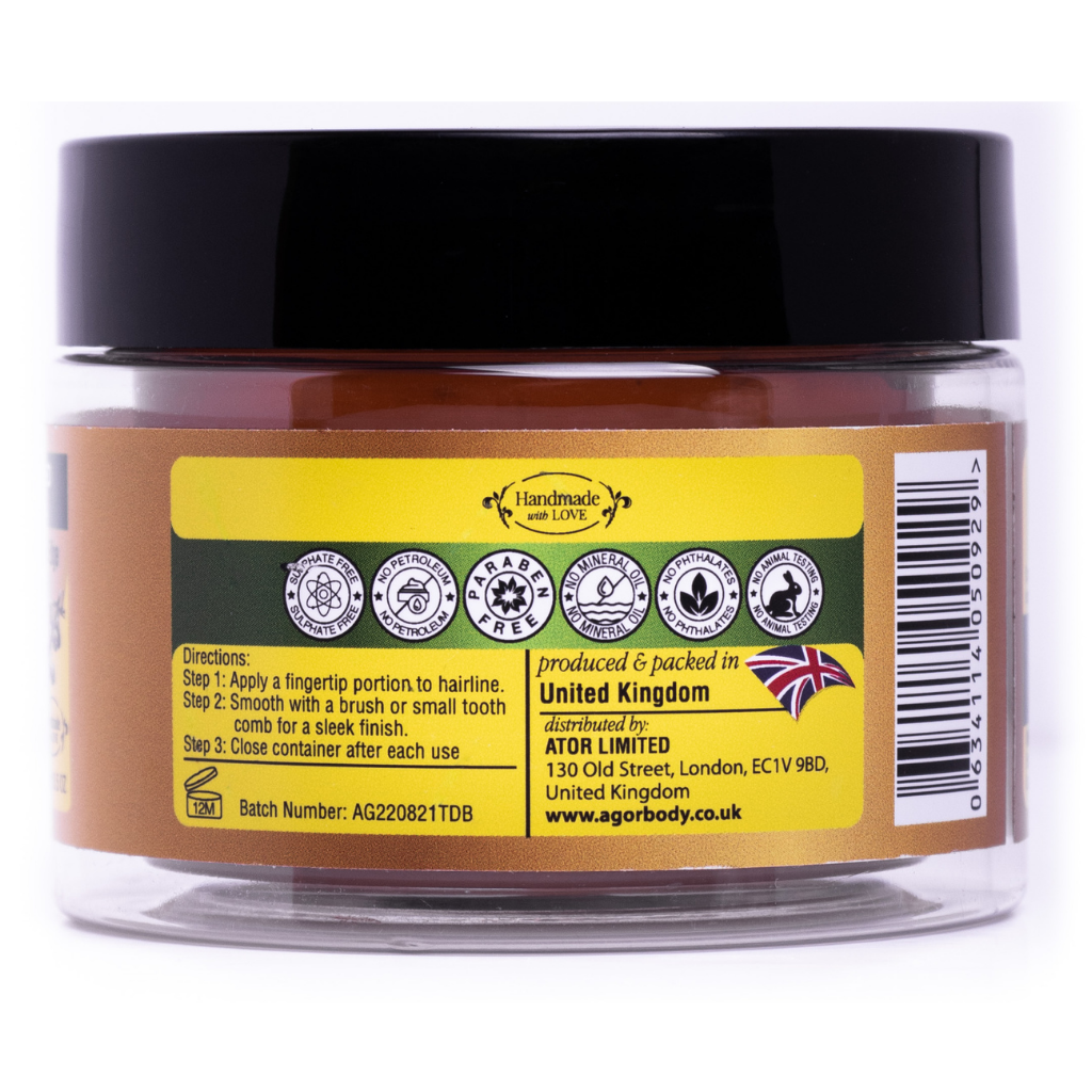 Agor Organic Flaxseed Edge Control 100g jar, directions and barcode