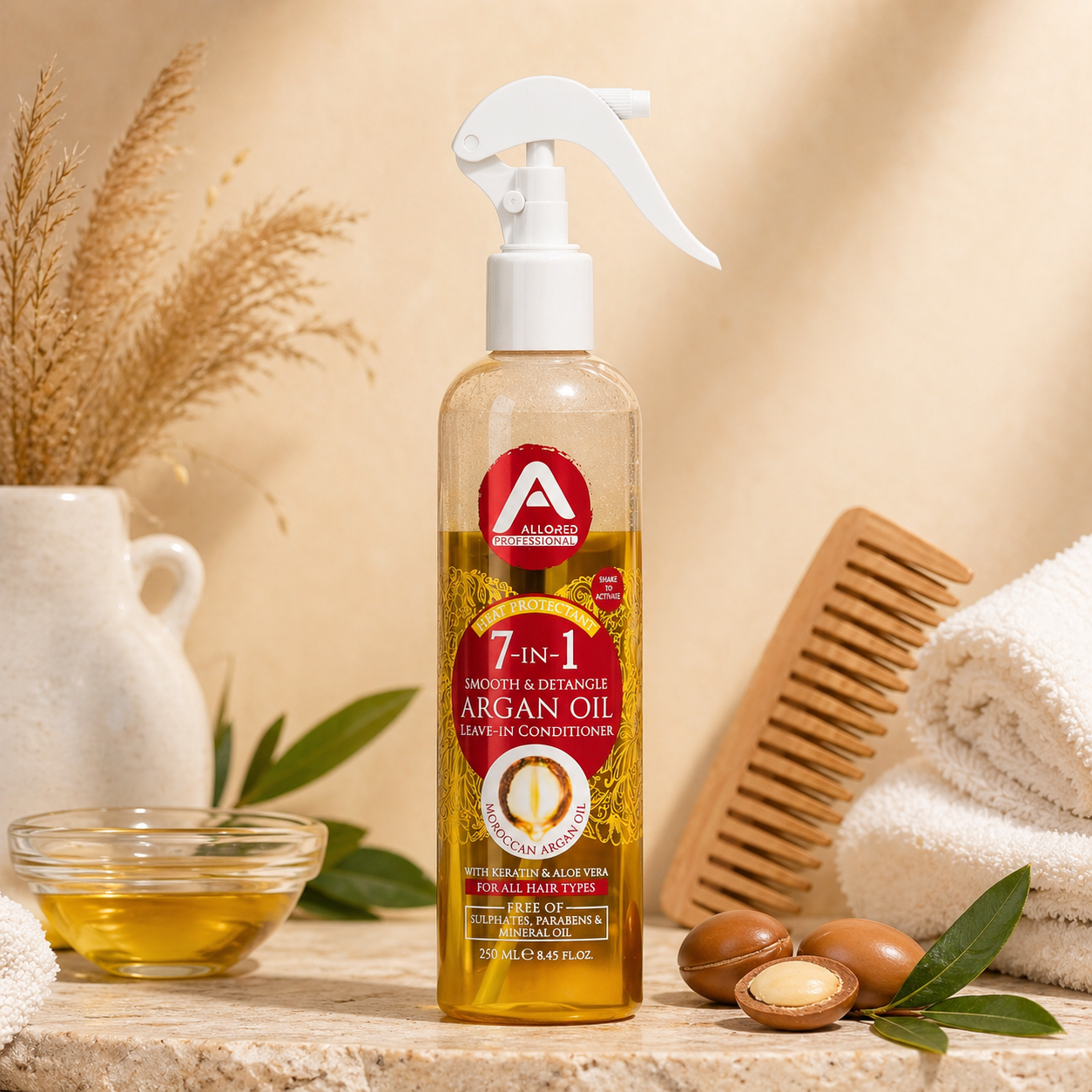 Allored Argan Oil Leave-In Conditioner beside comb and hair-care accessories