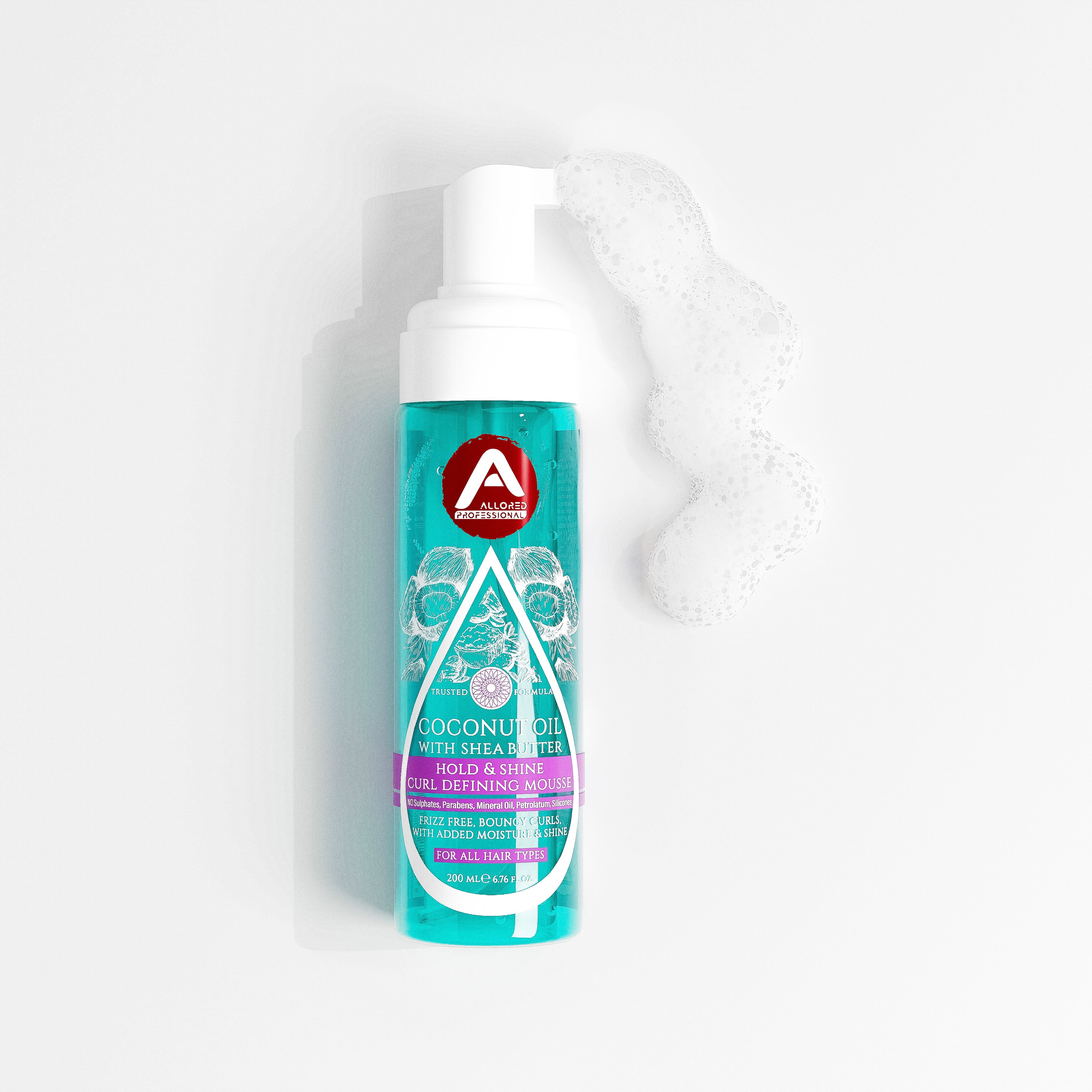 Allored Coconut Oil and Shea Butter Mousse bottle beside dispensed foam