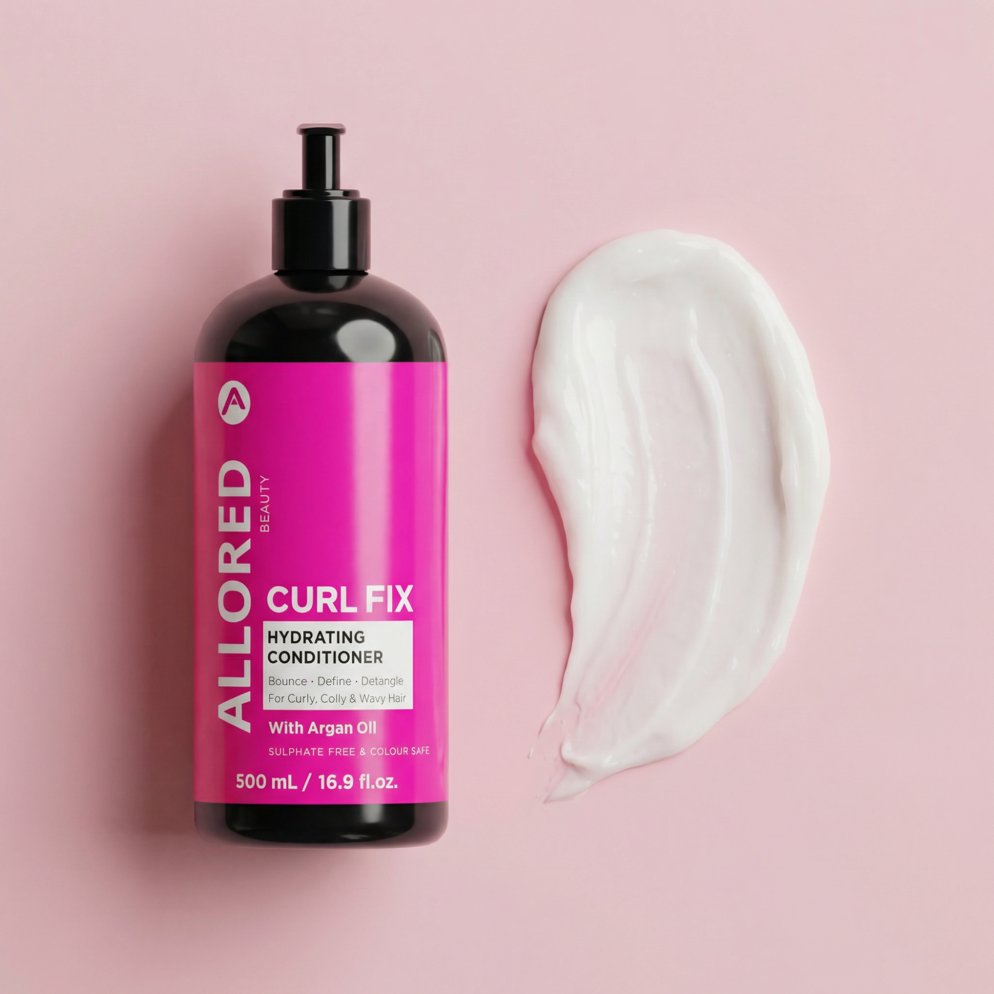 Allored Curl Fix Hydrating Conditioner bottle beside conditioner texture