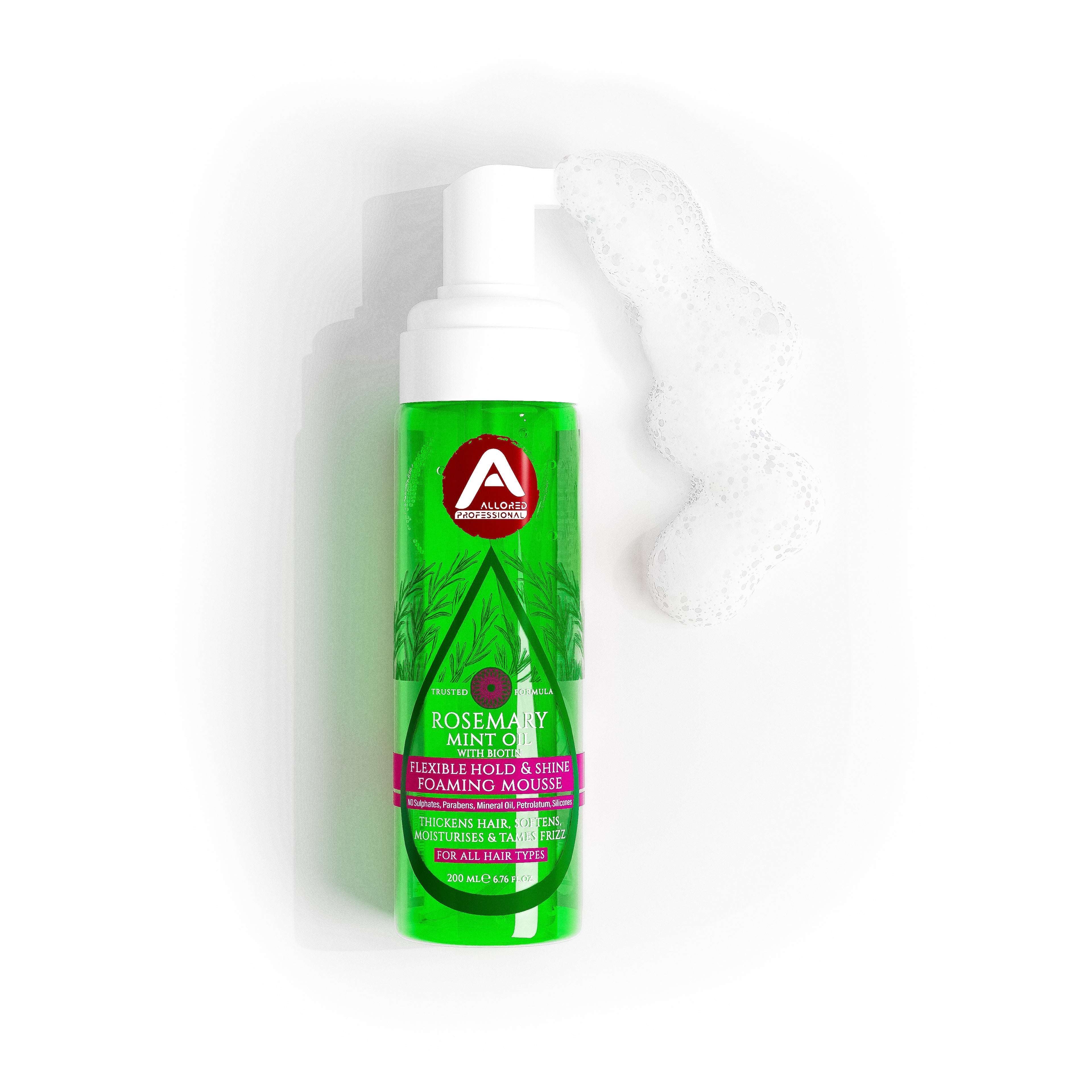 Allored Rosemary Mint Oil and Biotin Mousse bottle beside dispensed foam