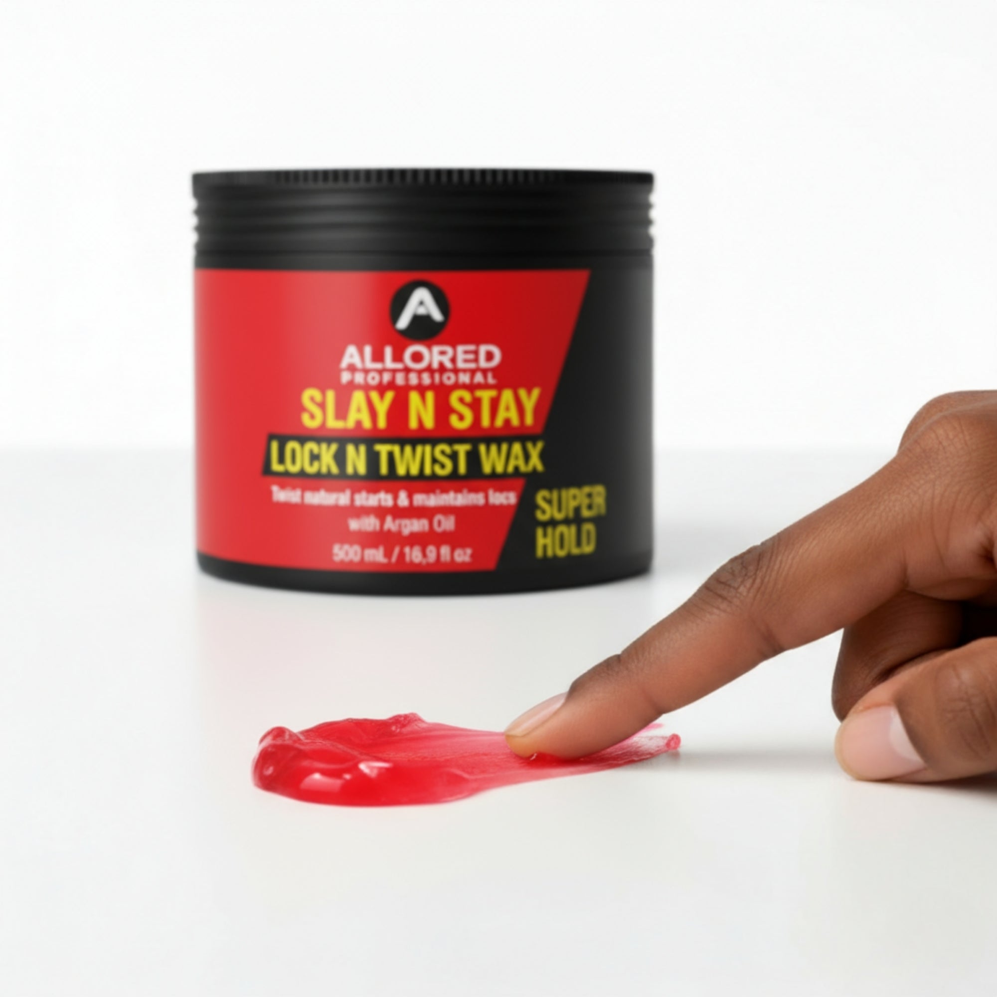 Red Allored Lock N Twist Wax texture beside tub