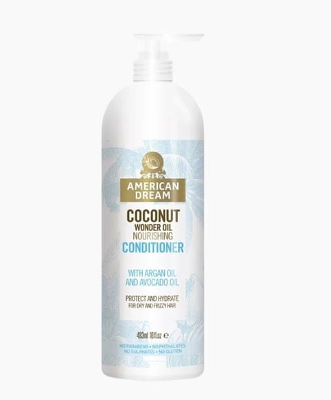 White American Dream Coconut Wonder Oil Nourishing Conditioner pump bottle with argan oil and avocado oil label, front view