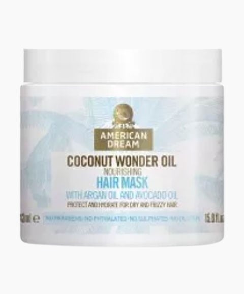 White American Dream Coconut Wonder Oil Nourishing Hair Mask tub with argan oil and avocado oil label, front view