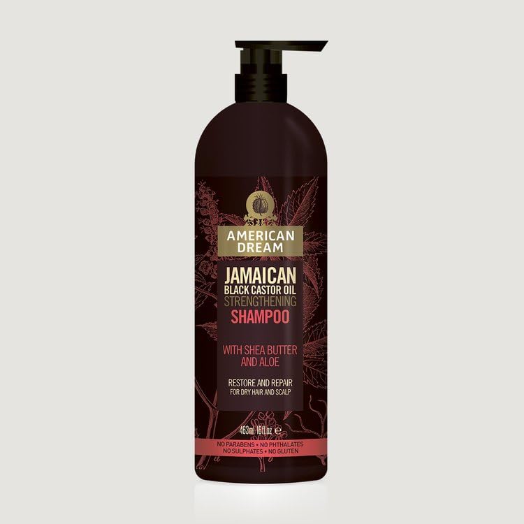 Dark burgundy American Dream Jamaican Black Castor Oil Strengthening Shampoo pump bottle with shea butter and aloe label, front view