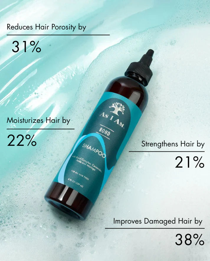 As I Am Bond Shampoo bottle with benefit details