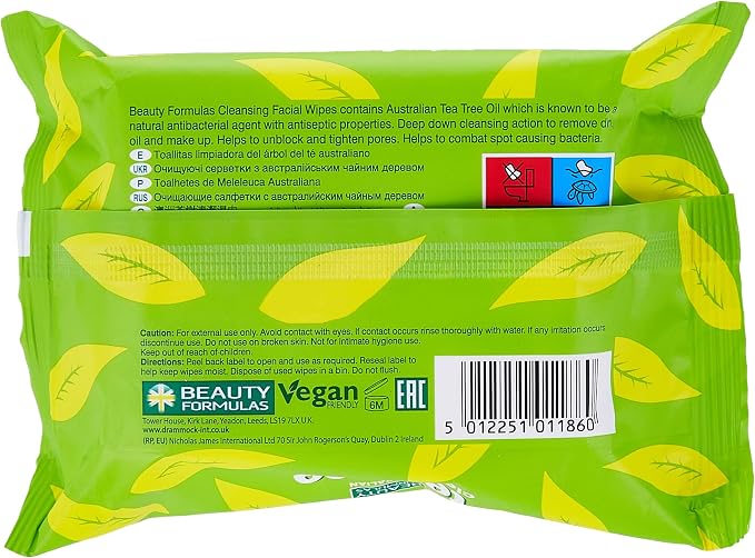 Beauty Formulas Australian Tea Tree Cleansing Wipes Facial Cleansing 30 wipes product image 3